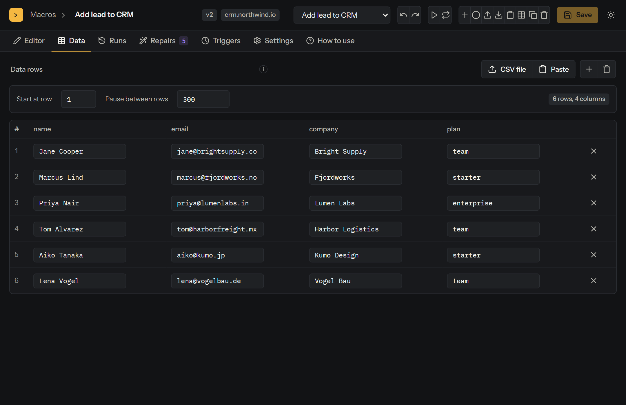 Macro Studio data view with six rows of names, emails, companies and plans