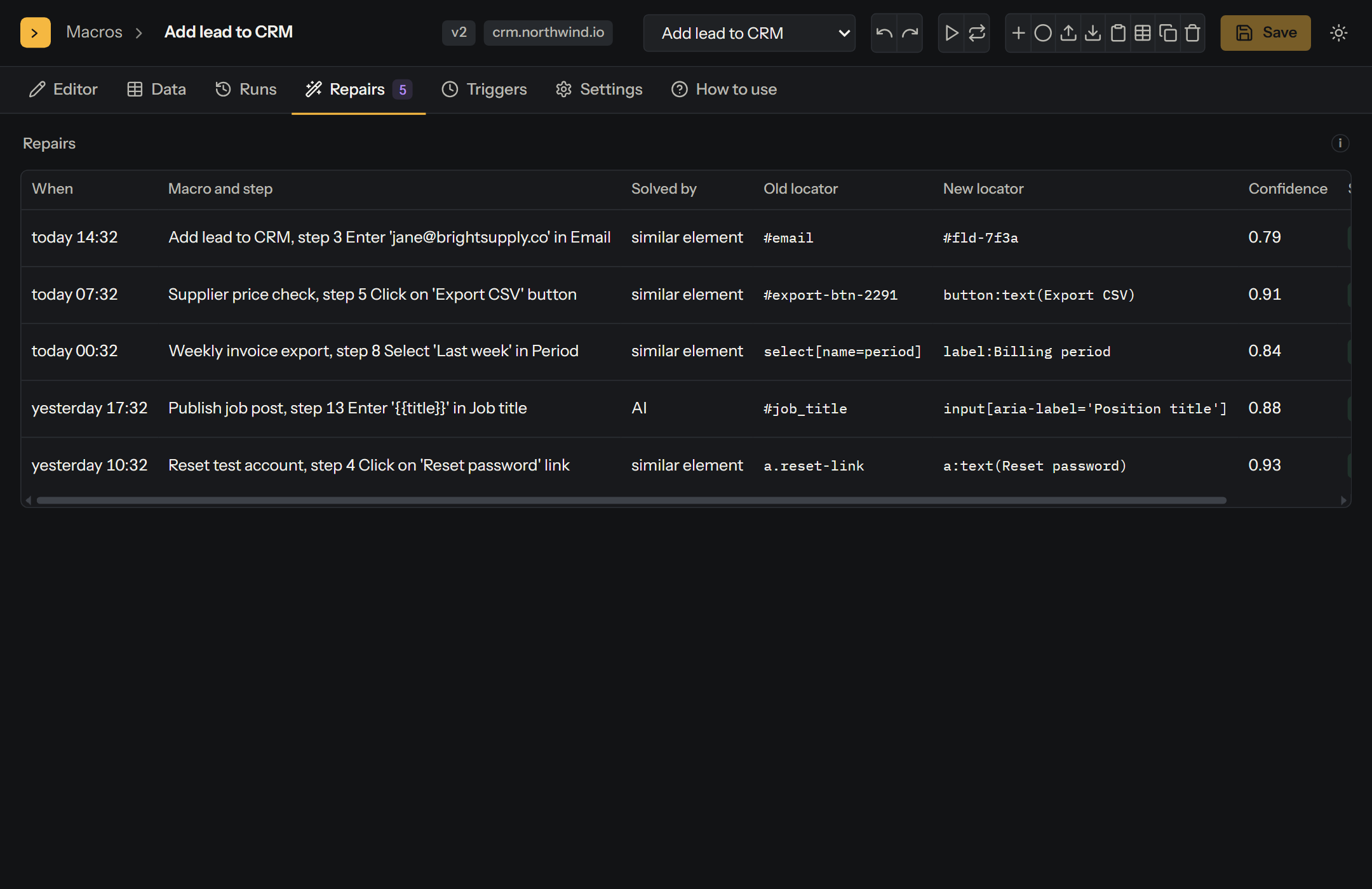 Repairs log listing old and new locators with confidence scores and a revert button